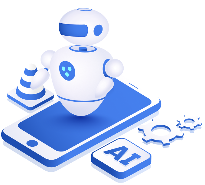 AI chatbot mobile automation setup robot on smartphone with AI and gear icons 