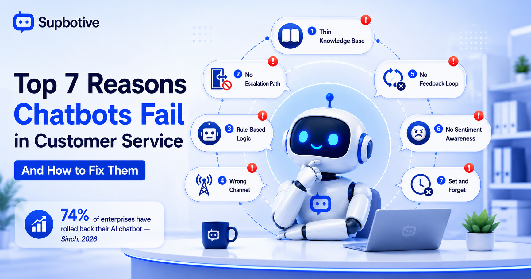 Top 7 reasons chatbots fail in customer service — Supbotive AI robot showing 7 failure points including no escalation path and no feedback loop